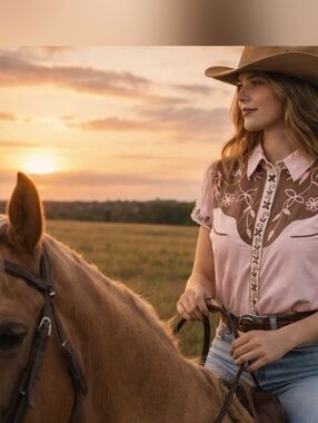 Y2K Western Cowgirl Embroidered Pearl Snap Shirt Pink Brown Medium Rodeo